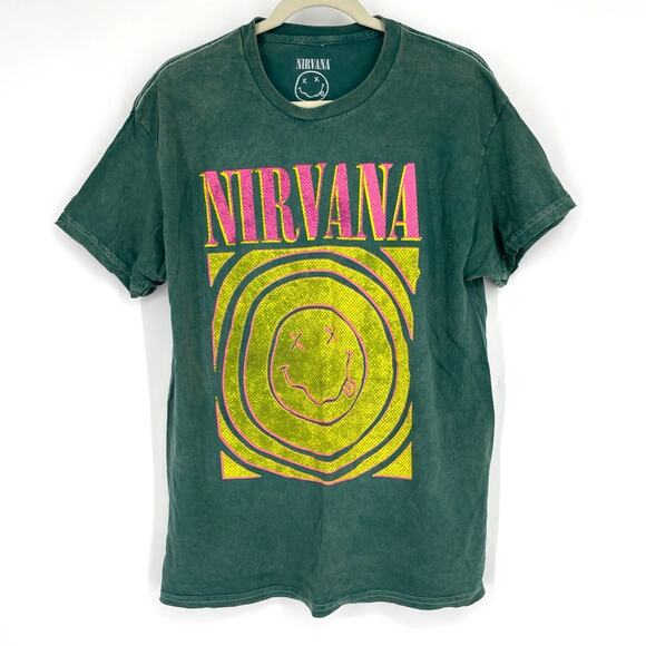 Officially Licensed Nirvana Smiley Face Tee Green Acid Wash Large - Picture 1 of 6